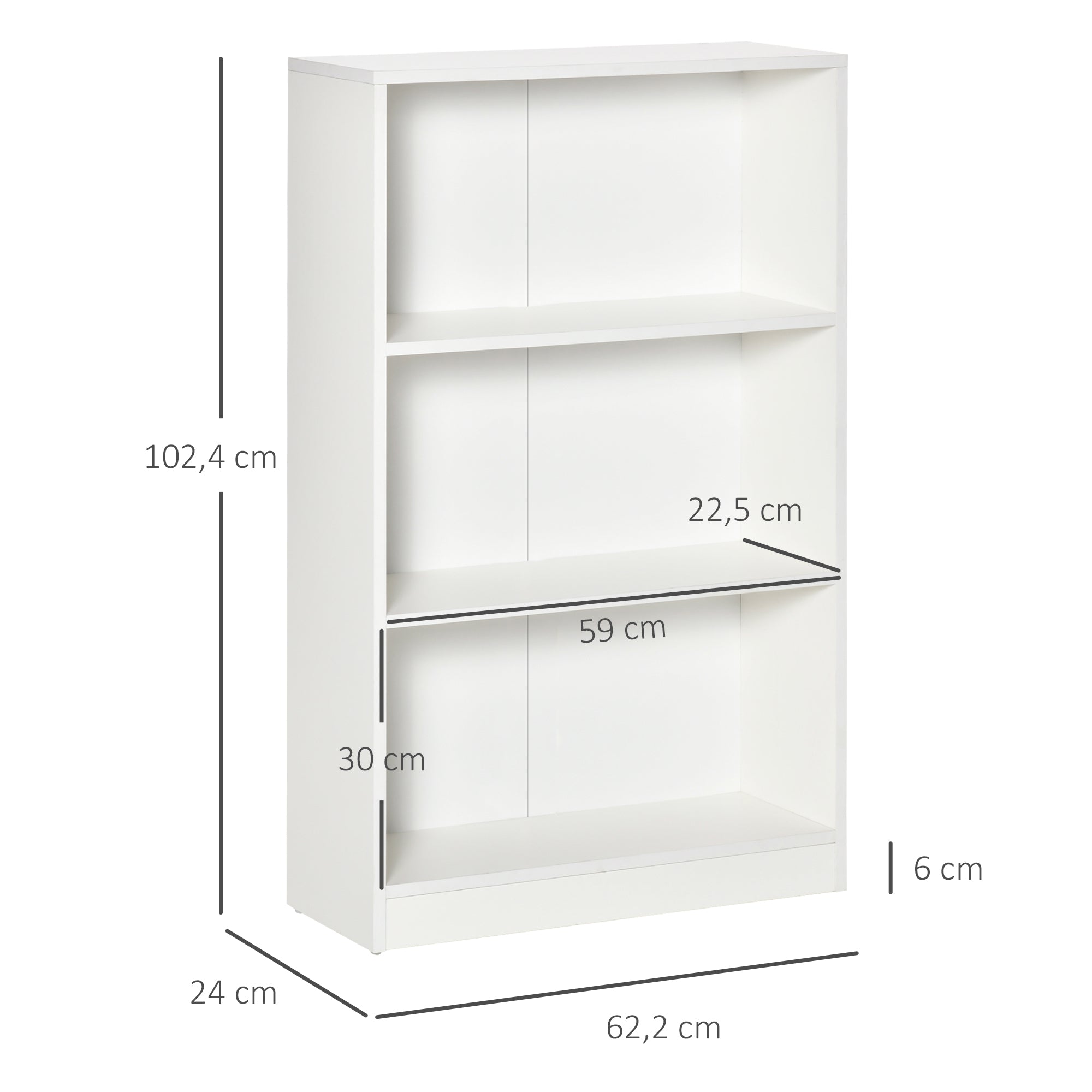Bookshelf with 3 Storage Compartments for Books CDs Plants for Living Room Study Bedroom 62.2x24x102.4 cm White