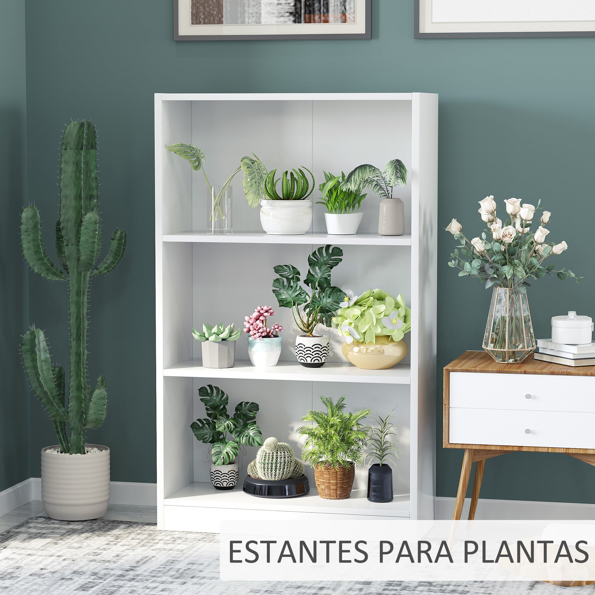 Bookshelf with 3 Storage Compartments for Books CDs Plants for Living Room Study Bedroom 62.2x24x102.4 cm White