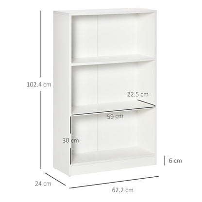 Bookshelf with 3 Storage Compartments for Books CDs Plants for Living Room Study Bedroom 62.2x24x102.4 cm White