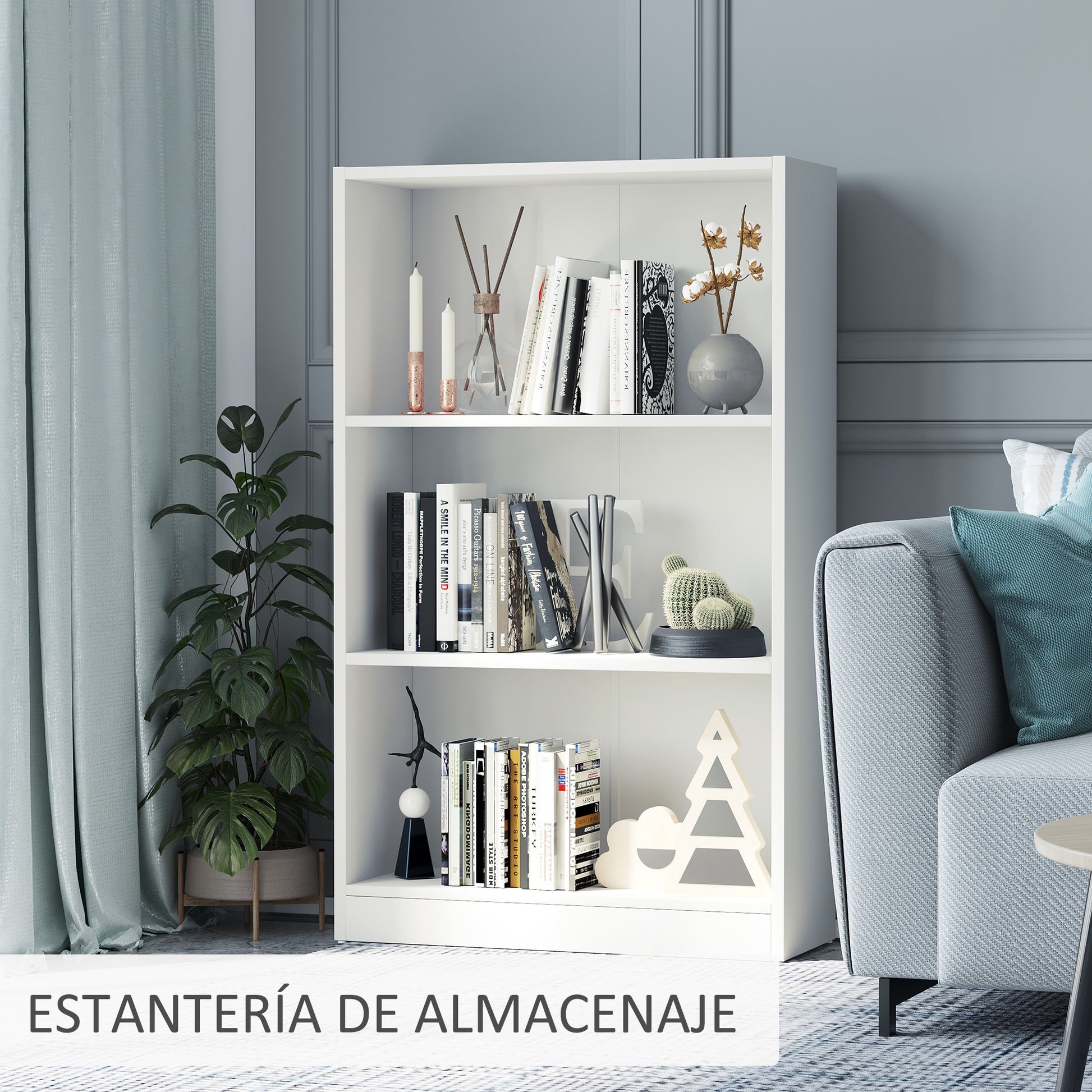Bookshelf with 3 Storage Compartments for Books CDs Plants for Living Room Study Bedroom 62.2x24x102.4 cm White