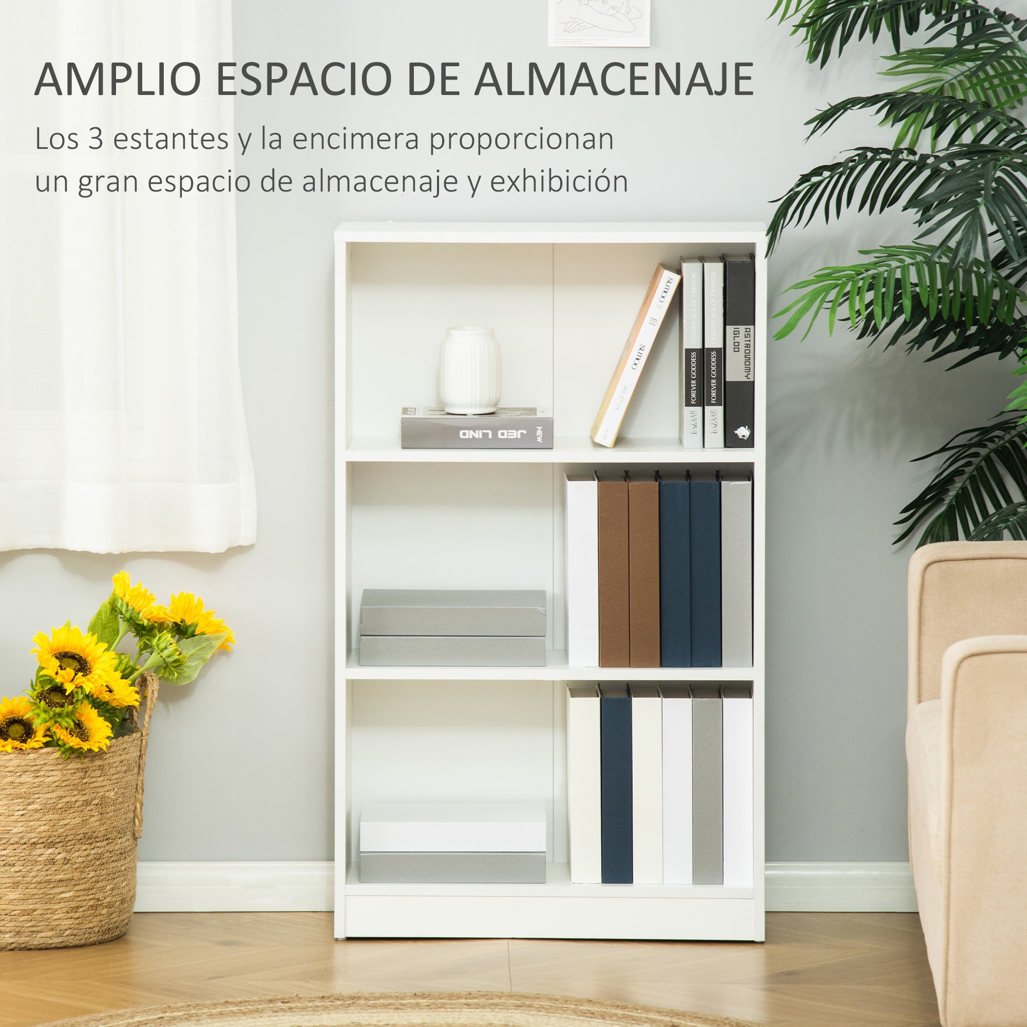 Bookshelf with 3 Storage Compartments for Books CDs Plants for Living Room Study Bedroom 62.2x24x102.4 cm White