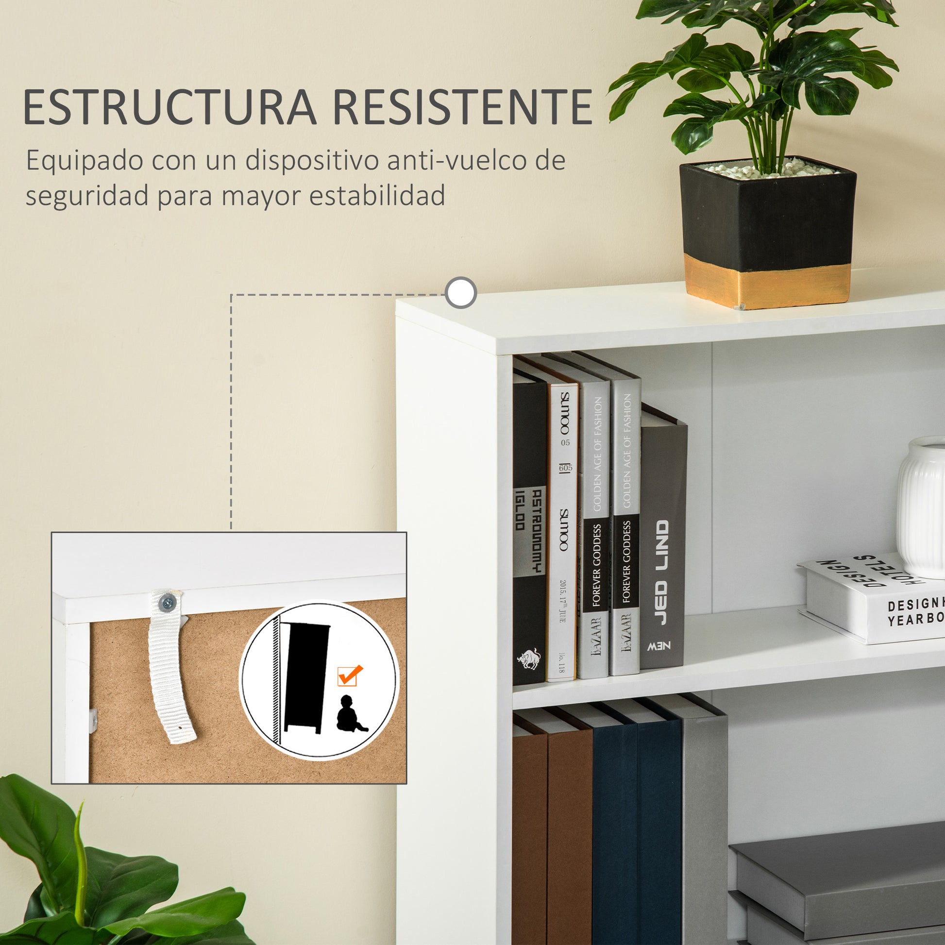 Bookshelf with 3 Storage Compartments for Books CDs Plants for Living Room Study Bedroom 62.2x24x102.4 cm White