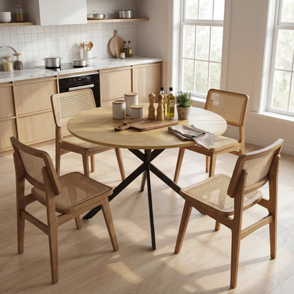 Round Dining Table for 4 — 39.4" Oak Top with Black Steel X-Legs, for Dining Room, Kitchen or Home Office
