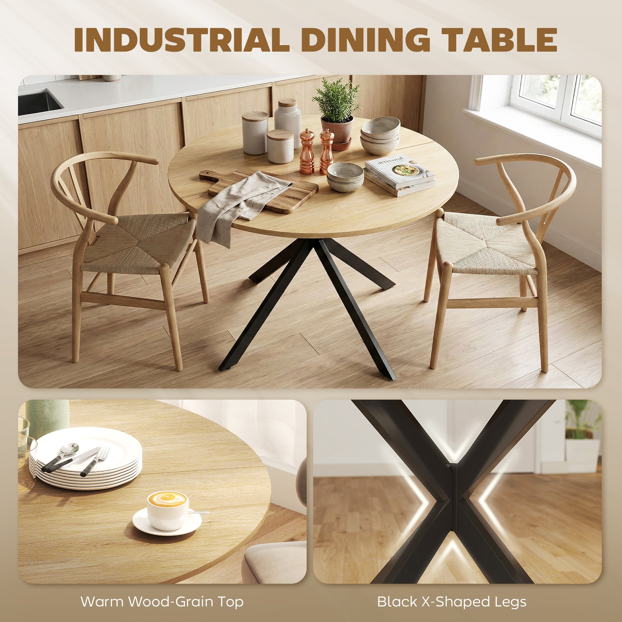 Round Dining Table for 4 — 39.4" Oak Top with Black Steel X-Legs, for Dining Room, Kitchen or Home Office