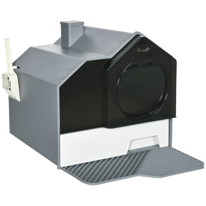 Cat Litter Box with Bottom Tray, Scoop, Filter, Hooded Toilet for Cats up to 8 kg, ABS, Plastic, Grey 47 x 45 x 42 cm