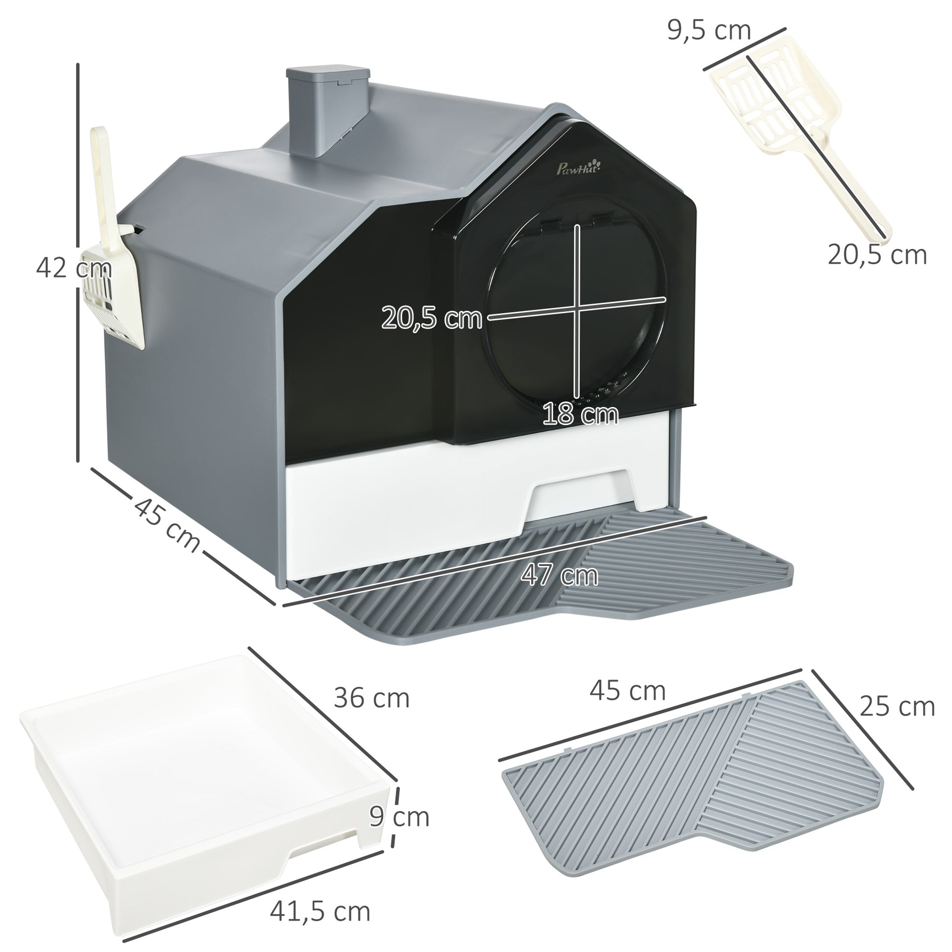 Cat Litter Box with Bottom Tray, Scoop, Filter, Hooded Toilet for Cats up to 8 kg, ABS, Plastic, Grey 47 x 45 x 42 cm