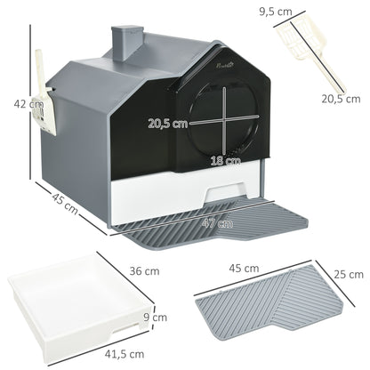 Cat Litter Box with Bottom Tray, Scoop, Filter, Hooded Toilet for Cats up to 8 kg, ABS, Plastic, Grey 47 x 45 x 42 cm