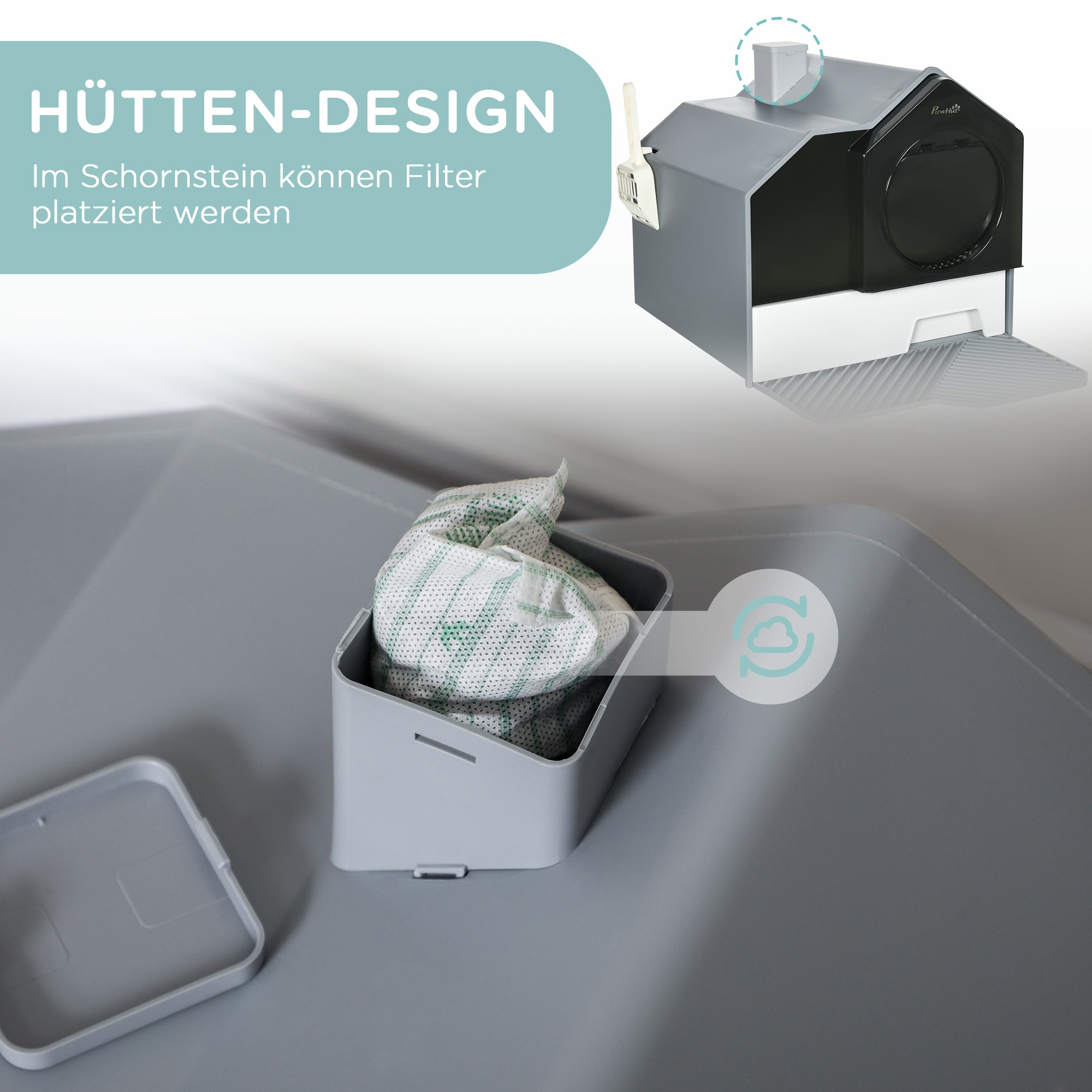 Cat Litter Box with Bottom Tray, Scoop, Filter, Hooded Toilet for Cats up to 8 kg, ABS, Plastic, Grey 47 x 45 x 42 cm