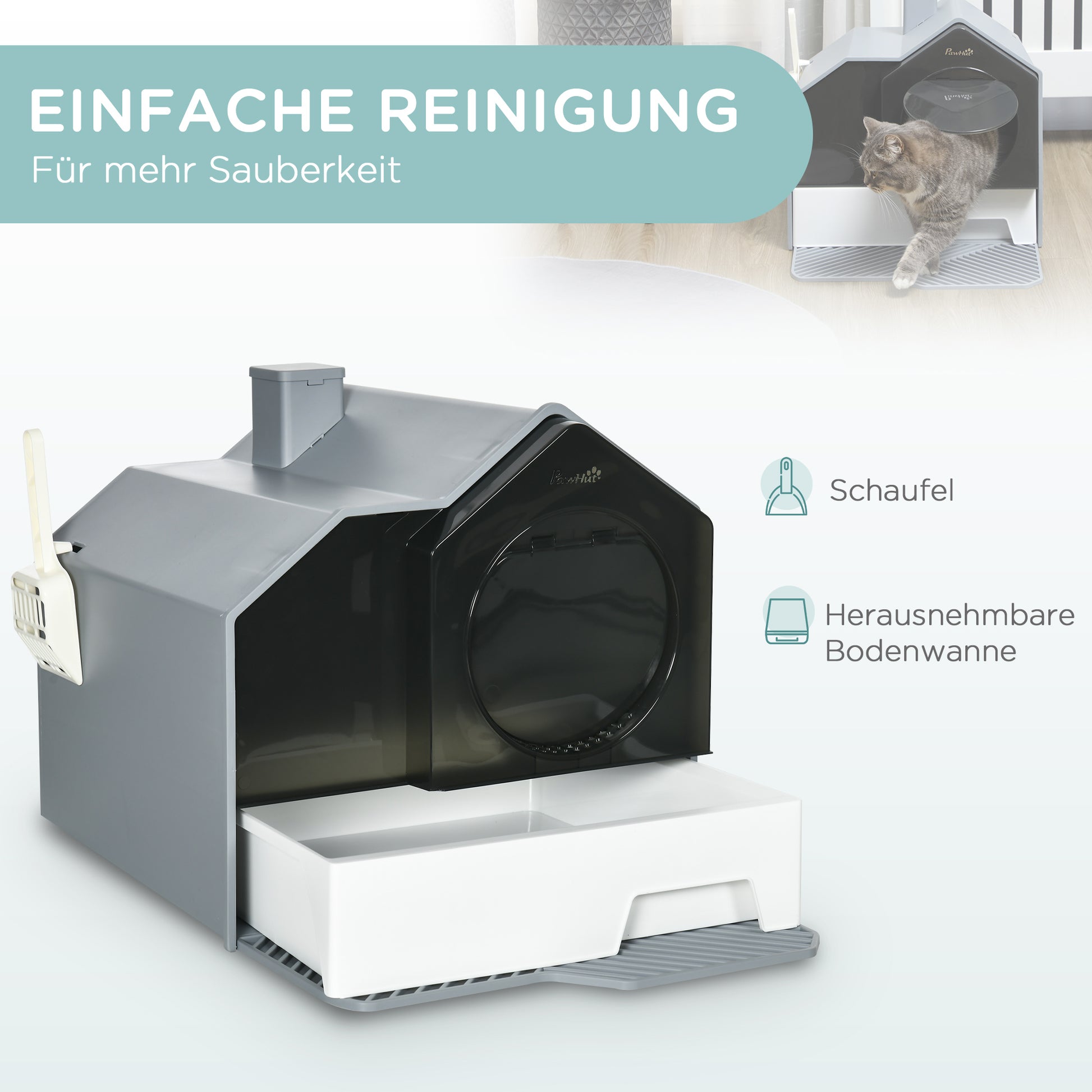 Cat Litter Box with Bottom Tray, Scoop, Filter, Hooded Toilet for Cats up to 8 kg, ABS, Plastic, Grey 47 x 45 x 42 cm