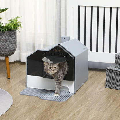 Cat Litter Box with Bottom Tray, Scoop, Filter, Hooded Toilet for Cats up to 8 kg, ABS, Plastic, Grey 47 x 45 x 42 cm