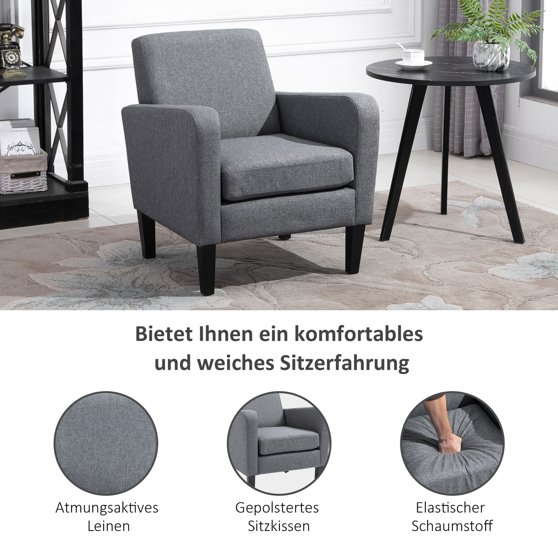 Armchair with backrest, rounded armrests, padded lounge chair with linen look, wooden legs, for bedroom, living room, up to 150 kg, light grey