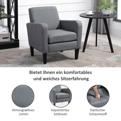 Armchair with backrest, rounded armrests, padded lounge chair with linen look, wooden legs, for bedroom, living room, up to 150 kg, light grey