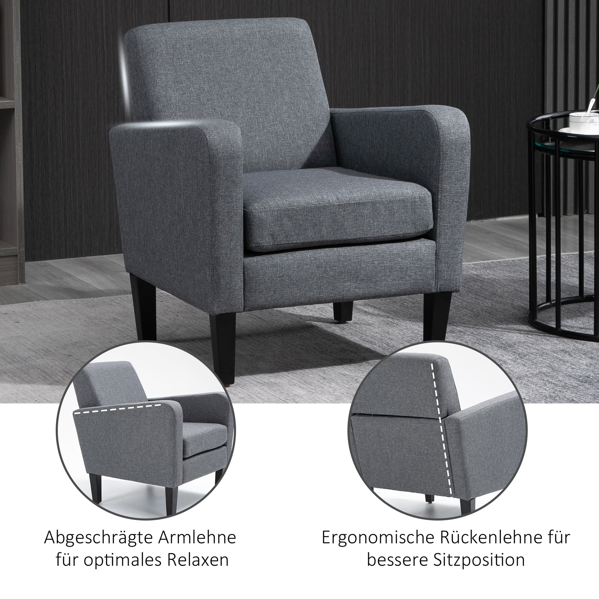 Armchair with backrest, rounded armrests, padded lounge chair with linen look, wooden legs, for bedroom, living room, up to 150 kg, light grey