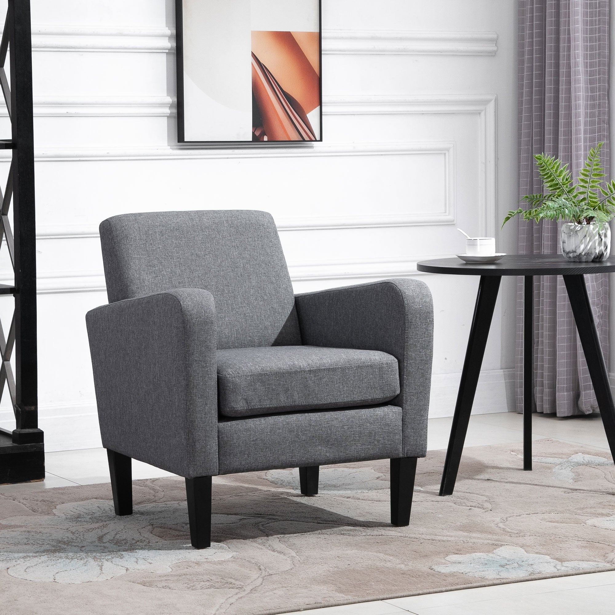 Armchair with backrest, rounded armrests, padded lounge chair with linen look, wooden legs, for bedroom, living room, up to 150 kg, light grey