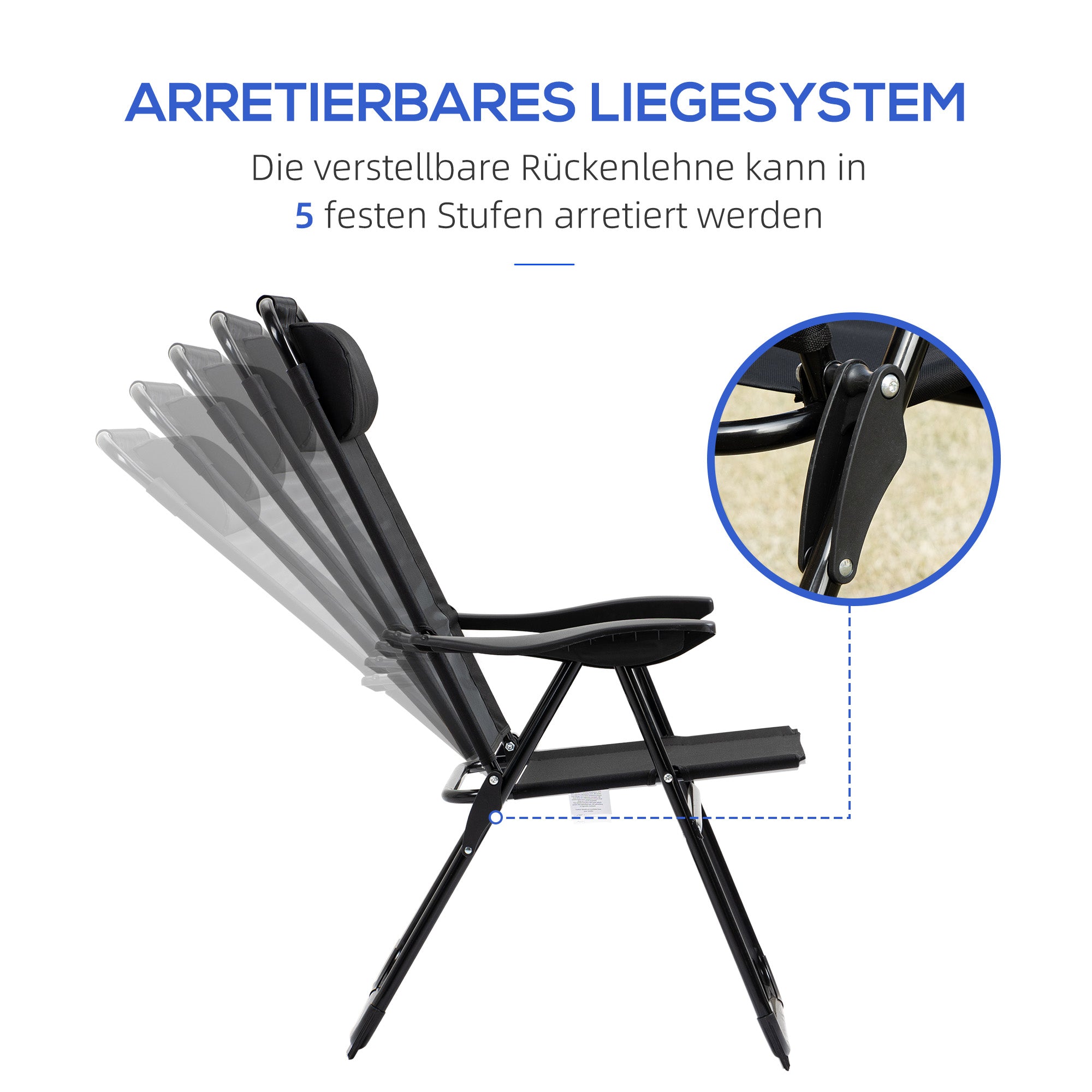 Set of 2 Folding Chairs, Foldable Garden Chair with Adjustable Backrest Armrest Camping Chair for Garden Balcony Up to 120 kg Load Capacity Oxford Black