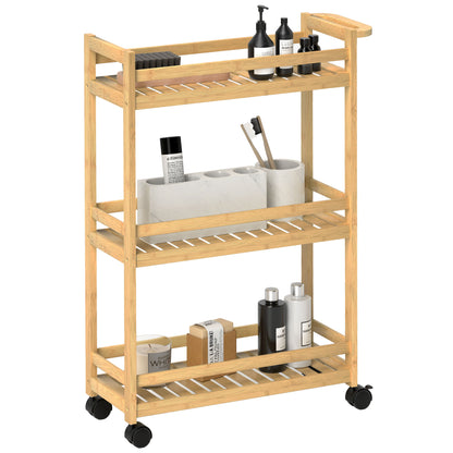 Serving Cart with 3 Levels Kitchen Trolley with Wheels, Handle Rolling Cart made of Bamboo Kitchen Shelf Kitchen Trolley for Kitchen, Office, Bathroom, Natural Wood