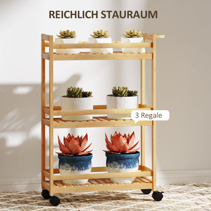 Serving Cart with 3 Levels Kitchen Trolley with Wheels, Handle Rolling Cart made of Bamboo Kitchen Shelf Kitchen Trolley for Kitchen, Office, Bathroom, Natural Wood