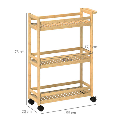 Serving Cart with 3 Levels Kitchen Trolley with Wheels, Handle Rolling Cart made of Bamboo Kitchen Shelf Kitchen Trolley for Kitchen, Office, Bathroom, Natural Wood