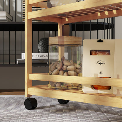 Serving Cart with 3 Levels Kitchen Trolley with Wheels, Handle Rolling Cart made of Bamboo Kitchen Shelf Kitchen Trolley for Kitchen, Office, Bathroom, Natural Wood