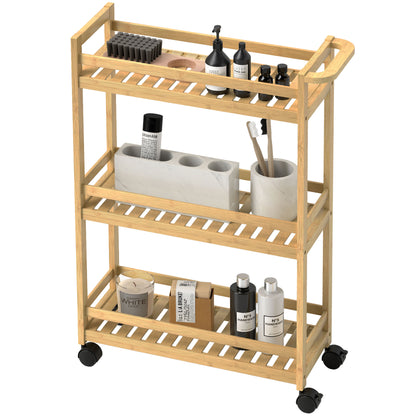 Serving Cart with 3 Levels Kitchen Trolley with Wheels, Handle Rolling Cart made of Bamboo Kitchen Shelf Kitchen Trolley for Kitchen, Office, Bathroom, Natural Wood