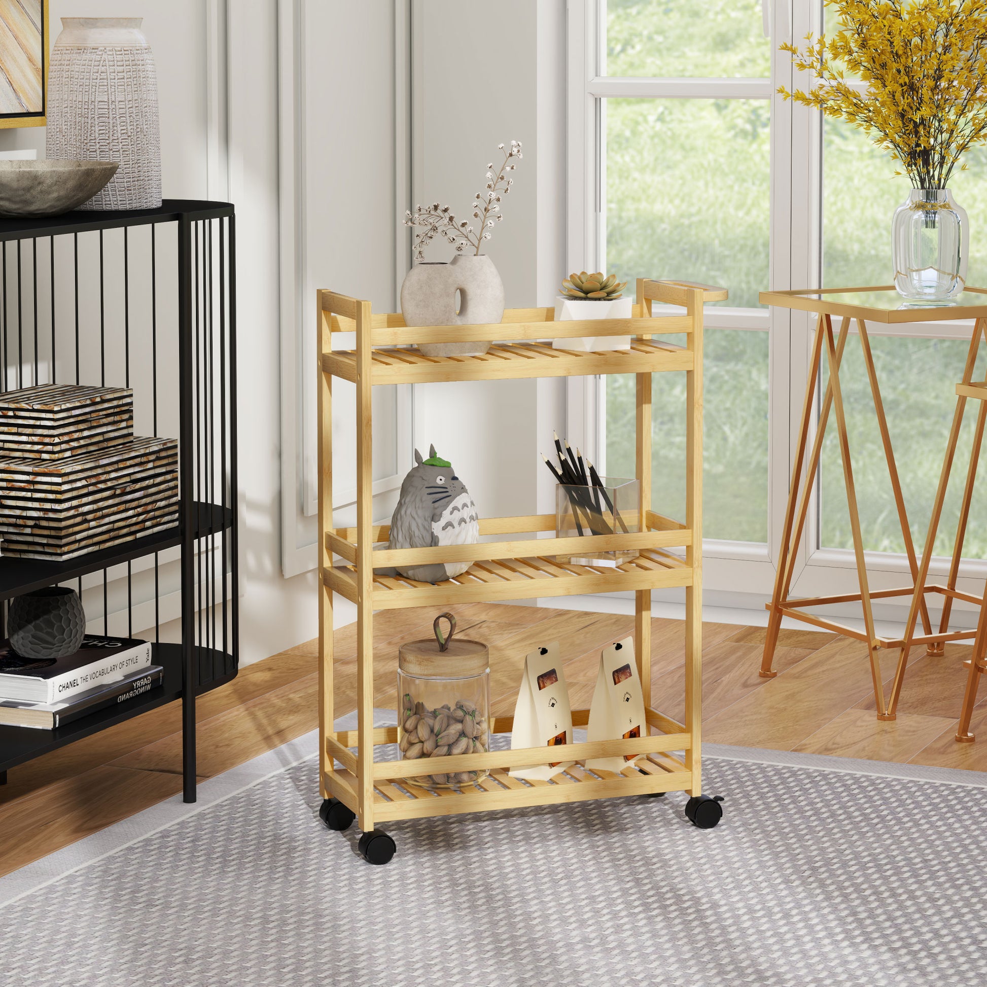 Serving Cart with 3 Levels Kitchen Trolley with Wheels, Handle Rolling Cart made of Bamboo Kitchen Shelf Kitchen Trolley for Kitchen, Office, Bathroom, Natural Wood