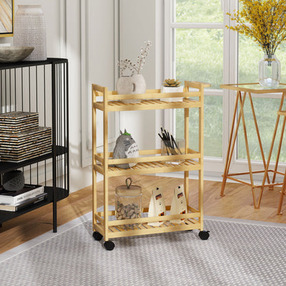Serving Cart with 3 Levels Kitchen Trolley with Wheels, Handle Rolling Cart made of Bamboo Kitchen Shelf Kitchen Trolley for Kitchen, Office, Bathroom, Natural Wood