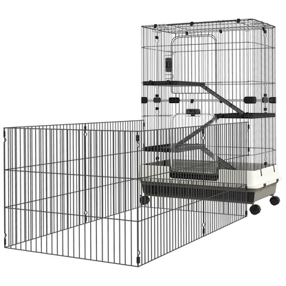 Small Animal Cage on Wheels 3 Removable Platforms 3 Ramps, Removable Bottom Tray Metal PP 182 x 81 x 114 cm Black