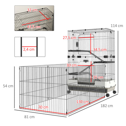 Small Animal Cage on Wheels 3 Removable Platforms 3 Ramps, Removable Bottom Tray Metal PP 182 x 81 x 114 cm Black