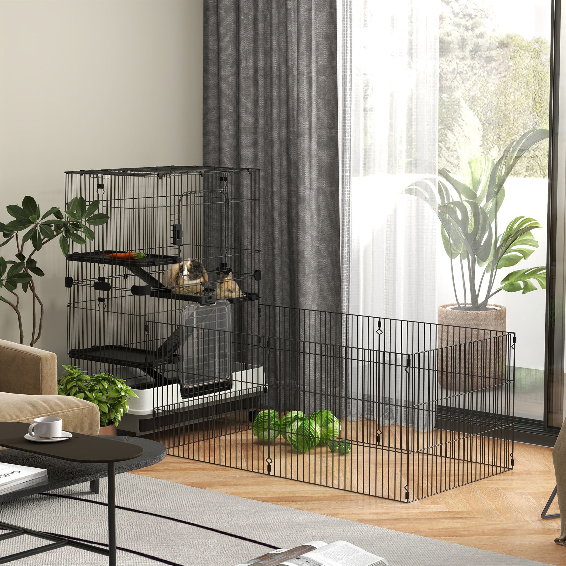 Small Animal Cage on Wheels 3 Removable Platforms 3 Ramps, Removable Bottom Tray Metal PP 182 x 81 x 114 cm Black