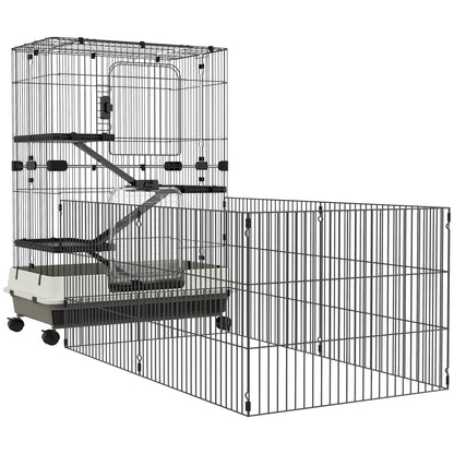 Small Animal Cage on Wheels 3 Removable Platforms 3 Ramps, Removable Bottom Tray Metal PP 182 x 81 x 114 cm Black