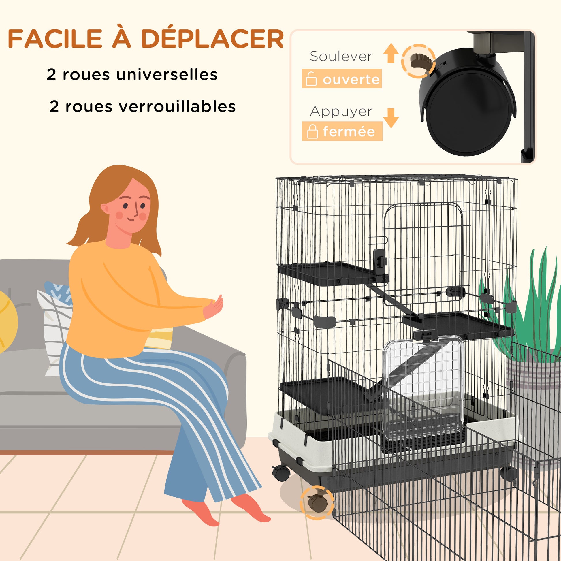 Small Animal Cage on Wheels 3 Removable Platforms 3 Ramps, Removable Bottom Tray Metal PP 182 x 81 x 114 cm Black