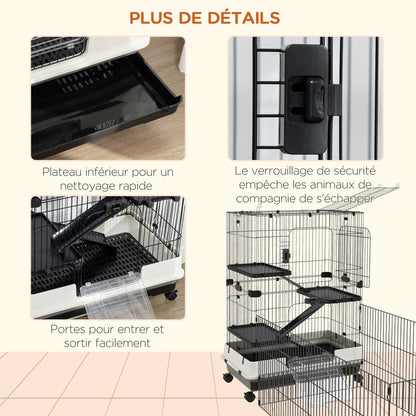 Small Animal Cage on Wheels 3 Removable Platforms 3 Ramps, Removable Bottom Tray Metal PP 182 x 81 x 114 cm Black
