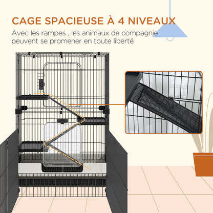 Small Animal Cage on Wheels 3 Removable Platforms 3 Ramps, Removable Bottom Tray Metal PP 182 x 81 x 114 cm Black