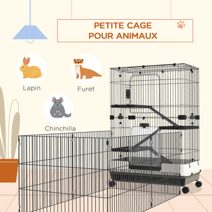 Small Animal Cage on Wheels 3 Removable Platforms 3 Ramps, Removable Bottom Tray Metal PP 182 x 81 x 114 cm Black