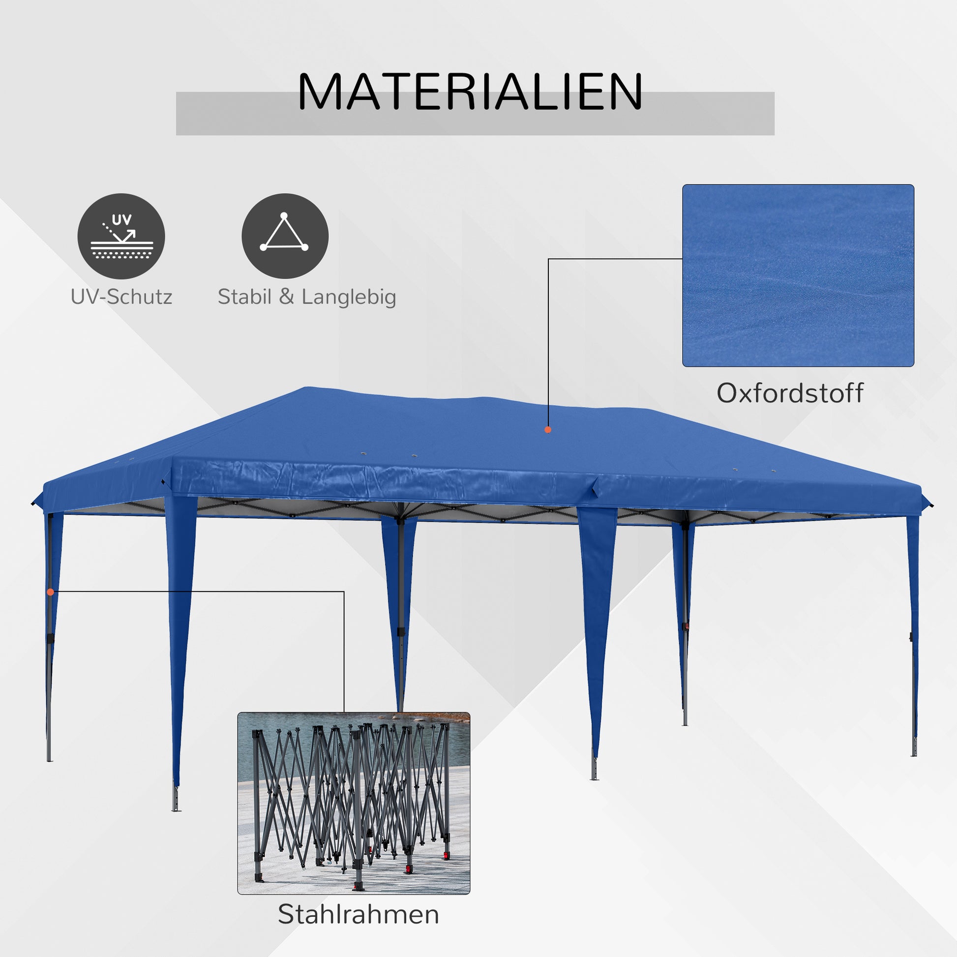 Folding Pavilion Pop-up Pavilion approx. 6 x 3m Garden Tent adjustable height UV protection with bag Steel Struts, Oxford, Blue