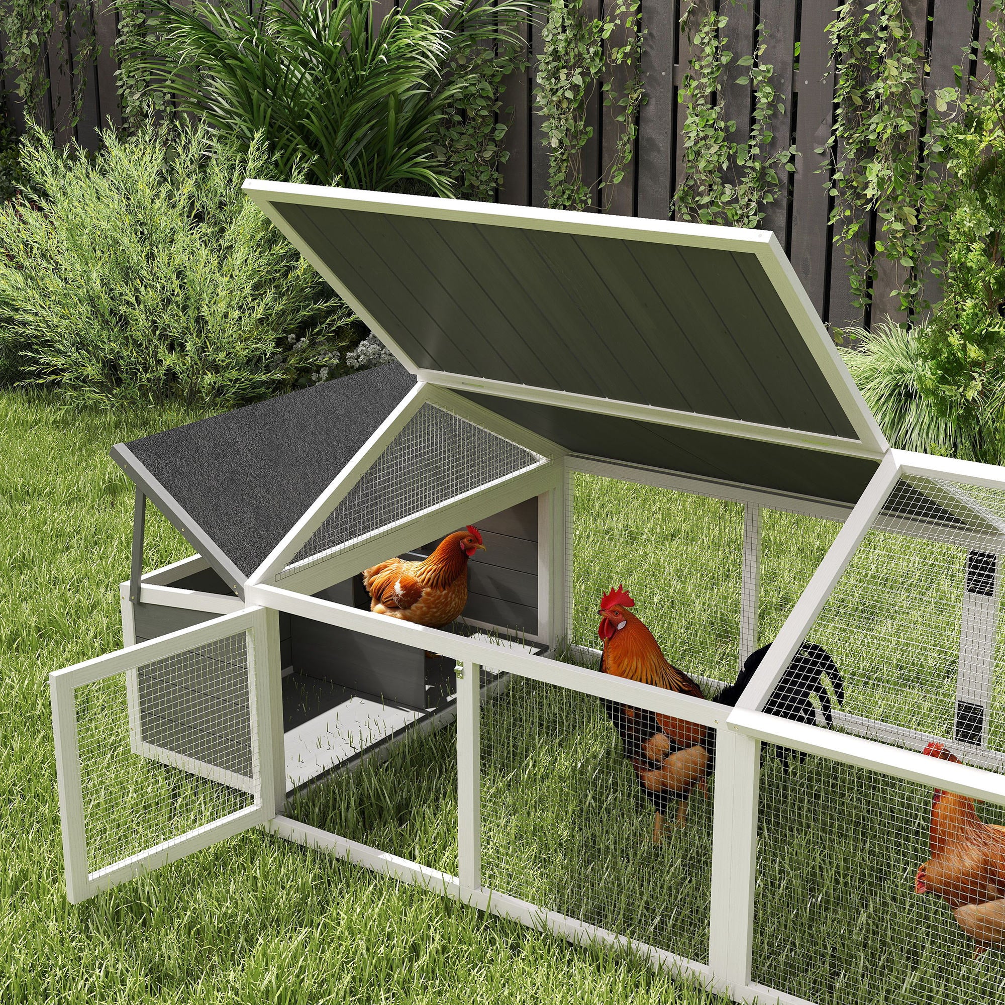 Outdoor Chicken Coop 240x112.5x76 cm Wooden Chicken Coop with Flip-Top Roof Enclosure Lockable Doors and Nesting Box for Chickens Rabbits Ducks White and Gray