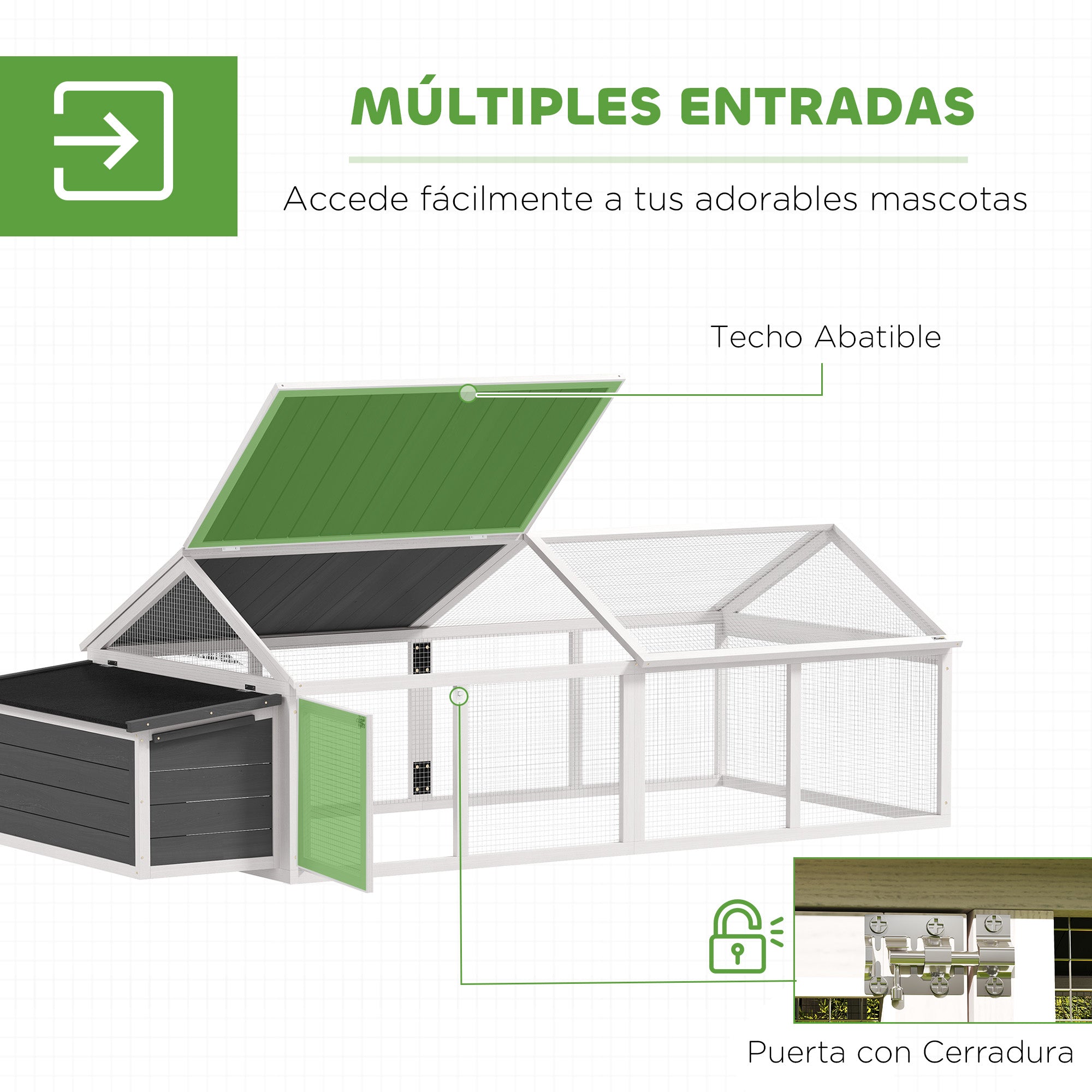 Outdoor Chicken Coop 240x112.5x76 cm Wooden Chicken Coop with Flip-Top Roof Enclosure Lockable Doors and Nesting Box for Chickens Rabbits Ducks White and Gray