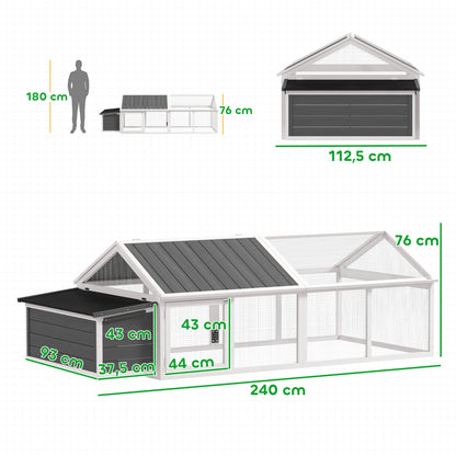 Outdoor Chicken Coop 240x112.5x76 cm Wooden Chicken Coop with Flip-Top Roof Enclosure Lockable Doors and Nesting Box for Chickens Rabbits Ducks White and Gray