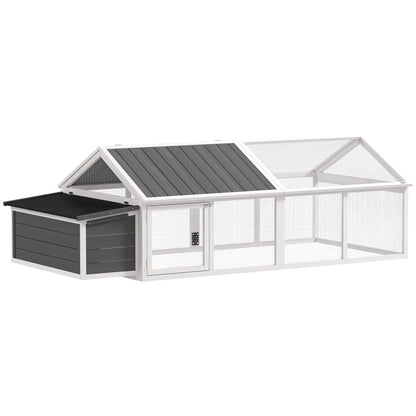 Outdoor Chicken Coop 240x112.5x76 cm Wooden Chicken Coop with Flip-Top Roof Enclosure Lockable Doors and Nesting Box for Chickens Rabbits Ducks White and Gray