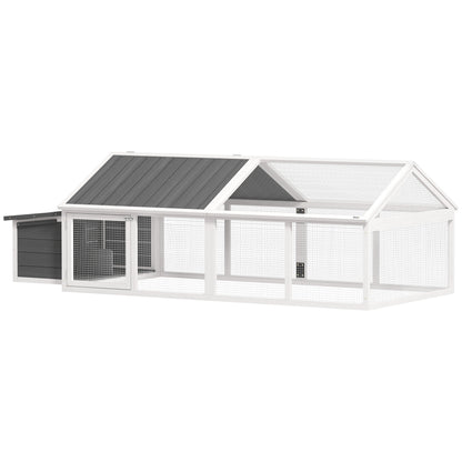 Outdoor Chicken Coop 240x112.5x76 cm Wooden Chicken Coop with Flip-Top Roof Enclosure Lockable Doors and Nesting Box for Chickens Rabbits Ducks White and Gray