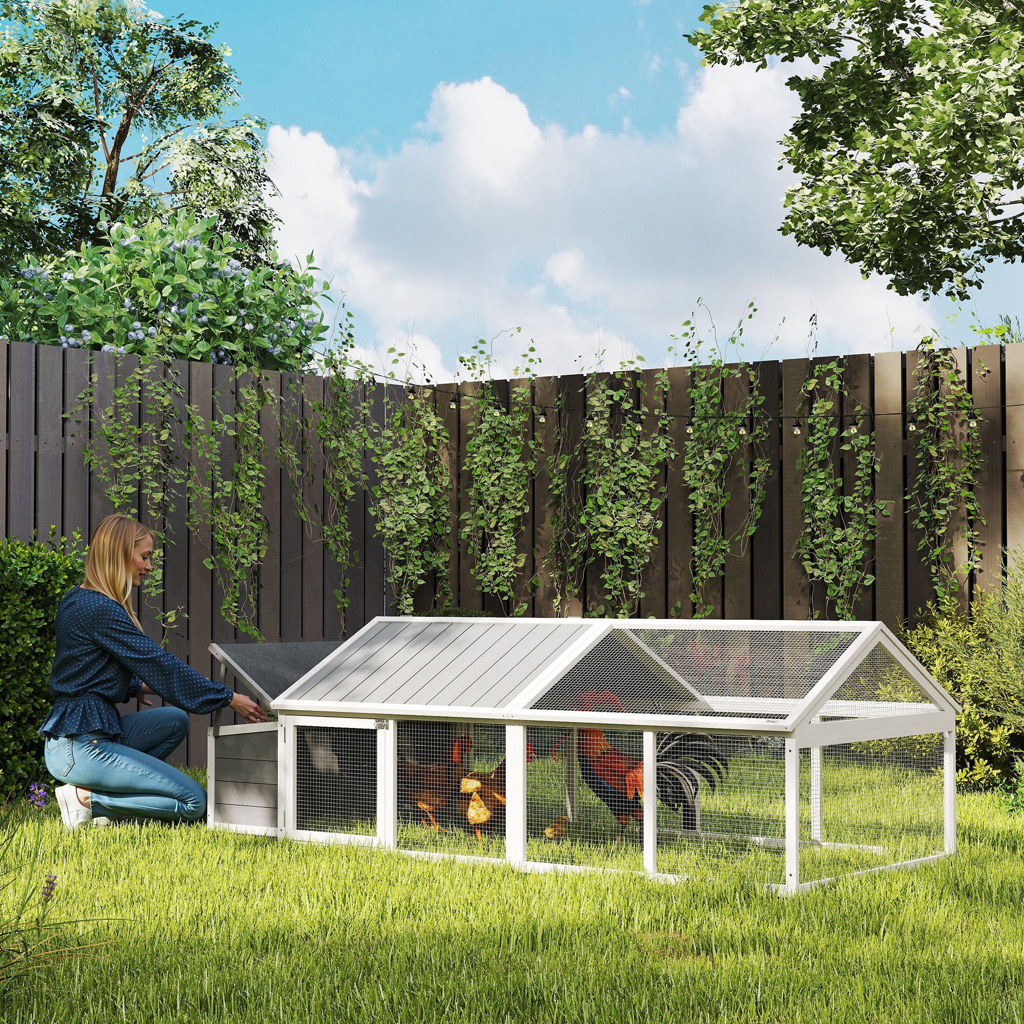 Outdoor Chicken Coop 240x112.5x76 cm Wooden Chicken Coop with Flip-Top Roof Enclosure Lockable Doors and Nesting Box for Chickens Rabbits Ducks White and Gray
