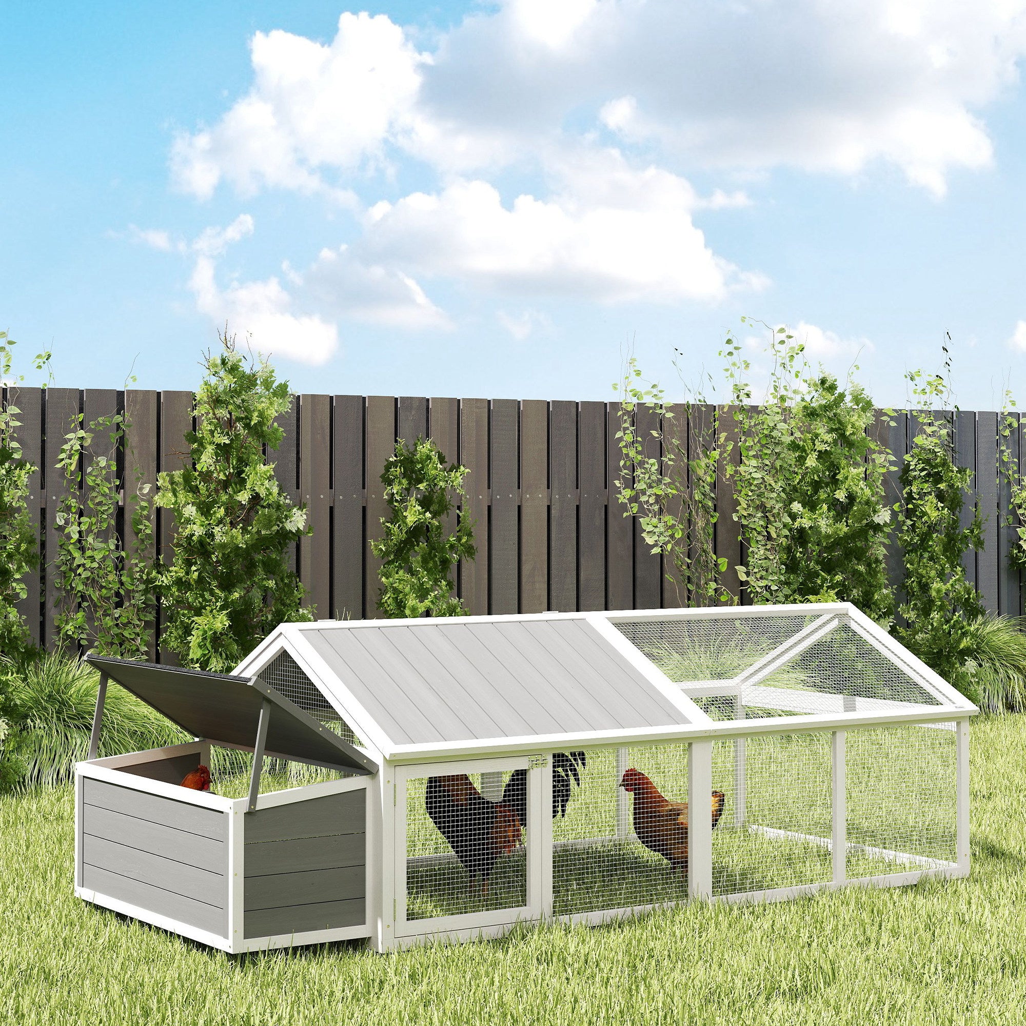 Outdoor Chicken Coop 240x112.5x76 cm Wooden Chicken Coop with Flip-Top Roof Enclosure Lockable Doors and Nesting Box for Chickens Rabbits Ducks White and Gray