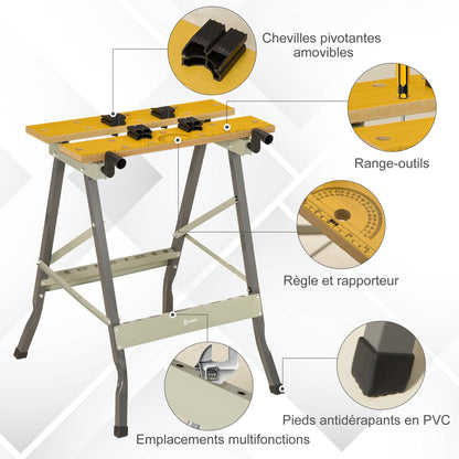Folding Workbench Clamping Workbench with 4 Clamps Work Table Sawhorse, 100kg Load, Steel Structure, Worktop for Workshop Garage Construction Site, 62.5x60.5x78.5cm, Gray