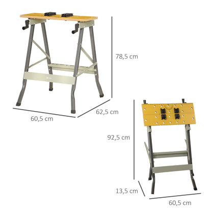 Folding Workbench Clamping Workbench with 4 Clamps Work Table Sawhorse, 100kg Load, Steel Structure, Worktop for Workshop Garage Construction Site, 62.5x60.5x78.5cm, Gray