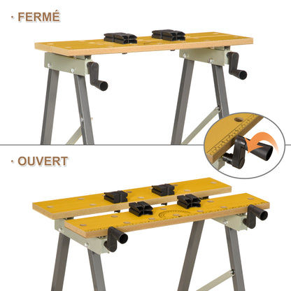 Folding Workbench Clamping Workbench with 4 Clamps Work Table Sawhorse, 100kg Load, Steel Structure, Worktop for Workshop Garage Construction Site, 62.5x60.5x78.5cm, Gray