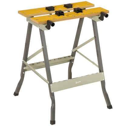 Folding Workbench Clamping Workbench with 4 Clamps Work Table Sawhorse, 100kg Load, Steel Structure, Worktop for Workshop Garage Construction Site, 62.5x60.5x78.5cm, Gray