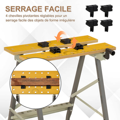 Folding Workbench Clamping Workbench with 4 Clamps Work Table Sawhorse, 100kg Load, Steel Structure, Worktop for Workshop Garage Construction Site, 62.5x60.5x78.5cm, Gray