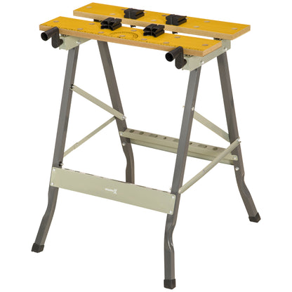Folding Workbench Clamping Workbench with 4 Clamps Work Table Sawhorse, 100kg Load, Steel Structure, Worktop for Workshop Garage Construction Site, 62.5x60.5x78.5cm, Gray