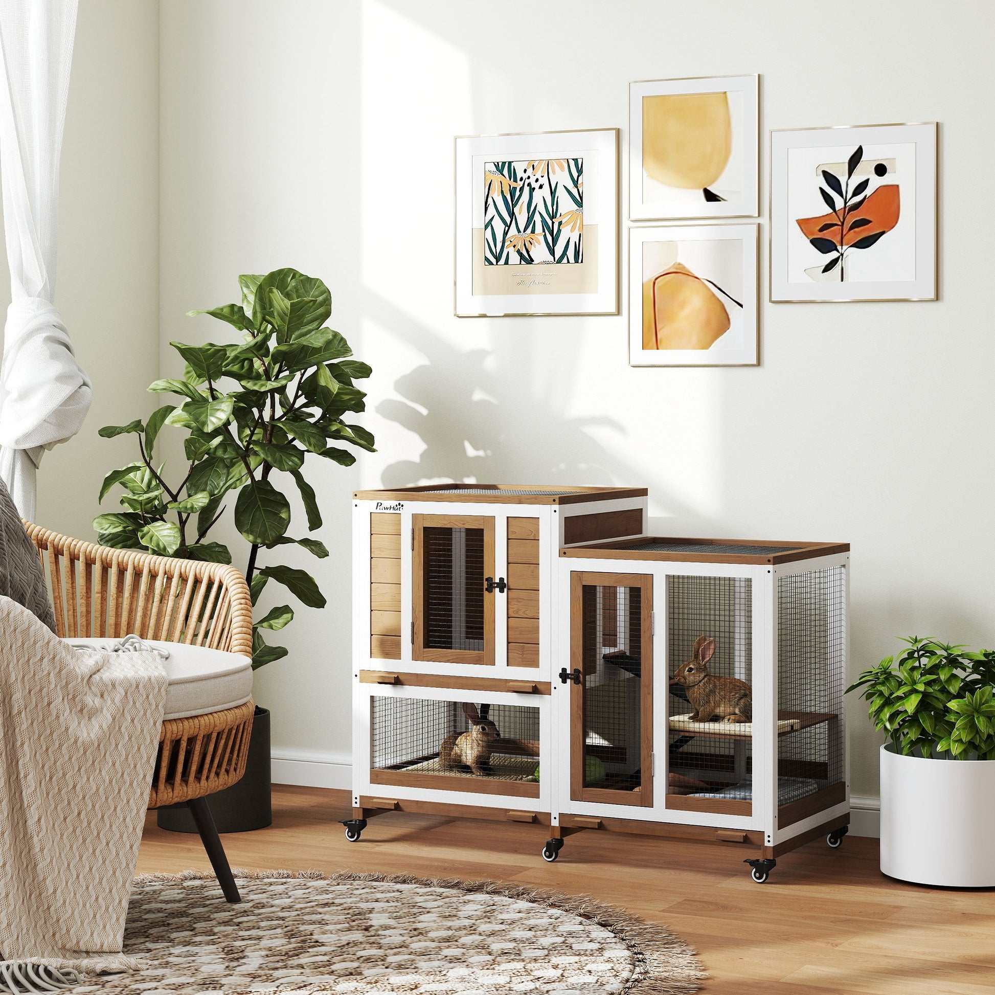 Two-Level Wooden Rabbit Hutch with 6 Wheels 2 Ladders 3 Removable Trays Doors with Locks and Open Area Indoor Rabbit Hutch 110x50x86 cm Brown and White