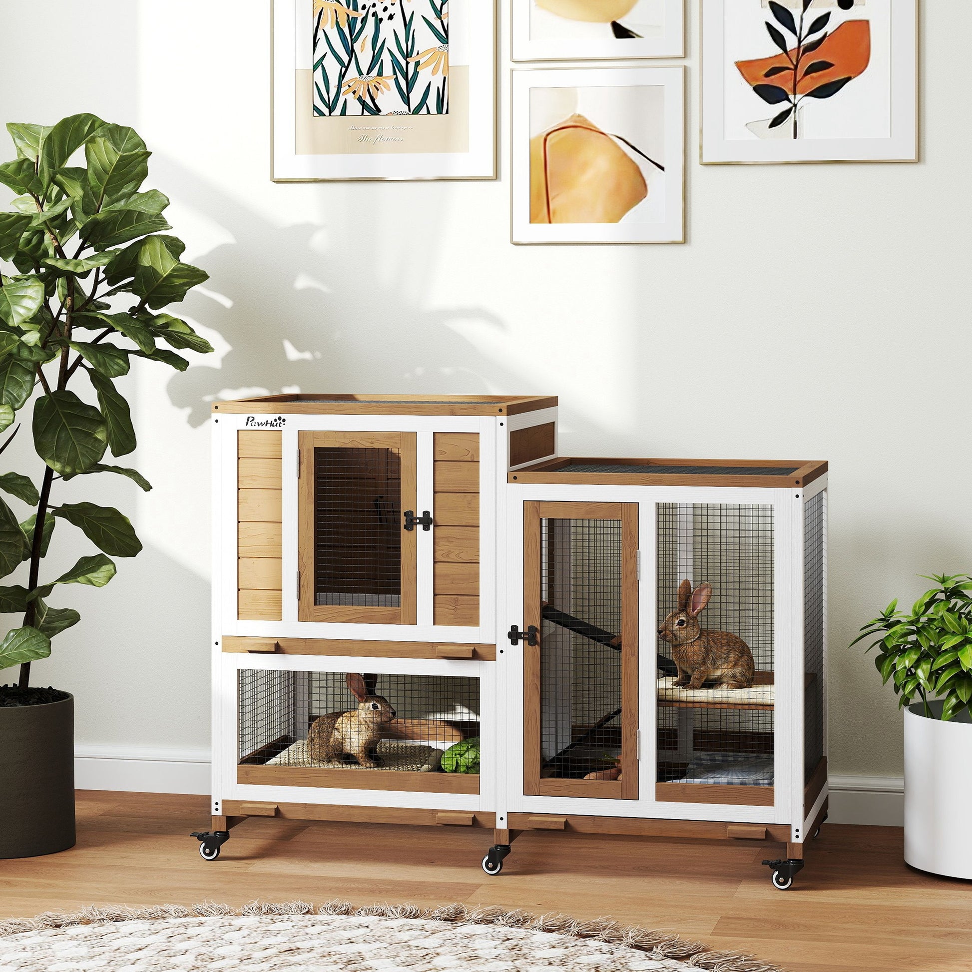 Two-Level Wooden Rabbit Hutch with 6 Wheels 2 Ladders 3 Removable Trays Doors with Locks and Open Area Indoor Rabbit Hutch 110x50x86 cm Brown and White